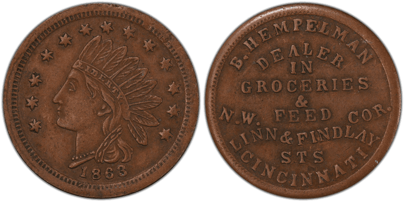 (1863) Copper Civil War Store Card F-165BT-7a, B. Hempelman OH
