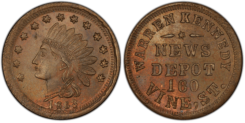 (1863) Copper Civil War Store Card F-165CJ-2a, Warren Kennedy OH