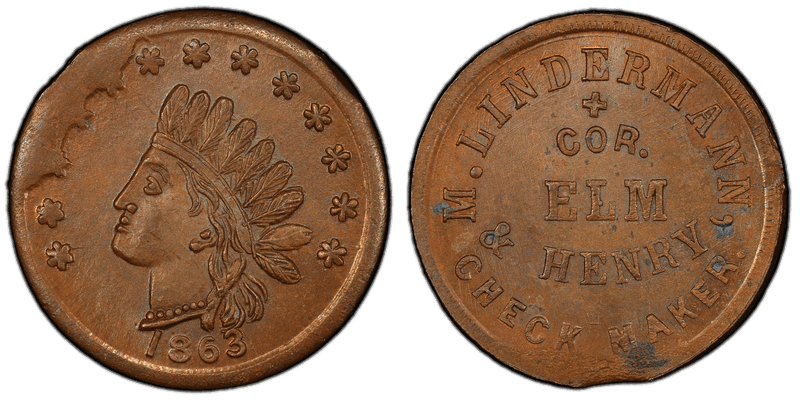 (1863) Copper Civil War Store Card F-165DE-1a, M. Lindermann OH