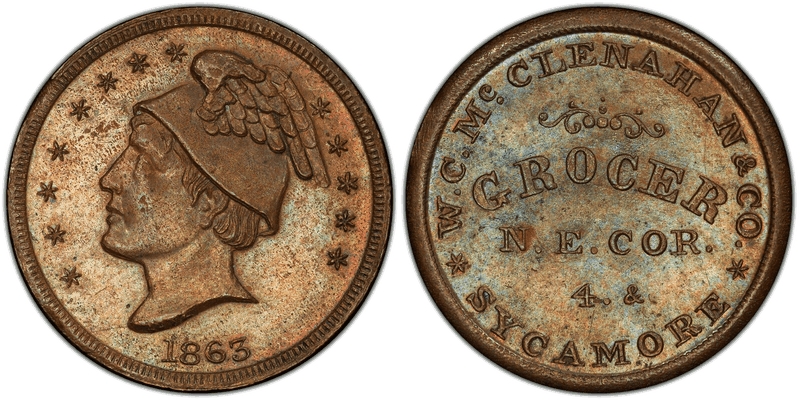 (1863) Copper Civil War Store Card F-165DL-3a, W.C. McClenahan & Co. OH