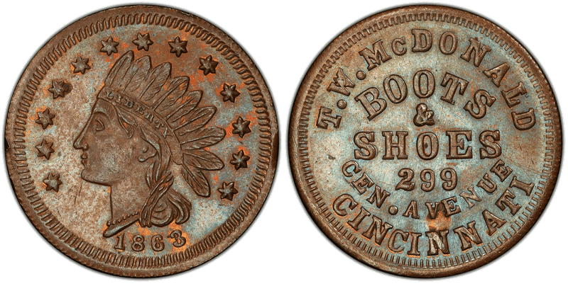 (1863) Copper Civil War Store Card F-165DM-4a, T.W. McDonald OH
