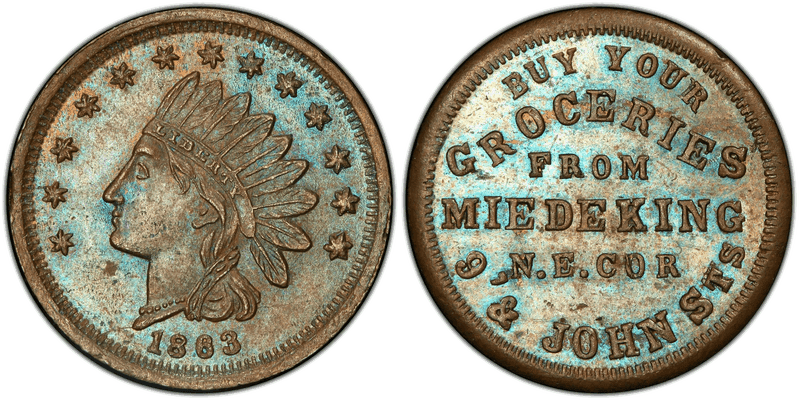 (1863) Copper Civil War Store Card F-165DT-1a, Miedeking OH