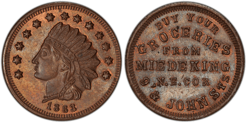 (1863) Copper Civil War Store Card F-165DT-6a, Miedeking OH