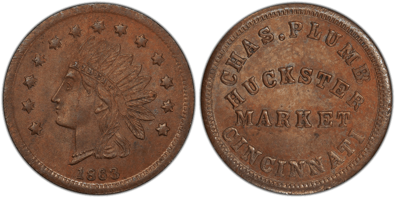 (1863) Copper Civil War Store Card F-165EM-2a, Chas. Plumb OH