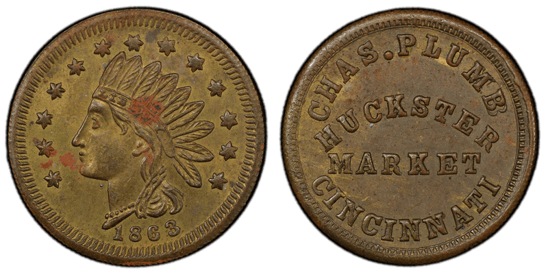 (1863) Brass Civil War Store Card F-165EM-4b, Chas. Plumb OH
