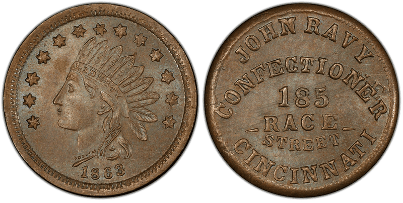 (1863) Copper Civil War Store Card F-165ER-5a, John Ravy OH