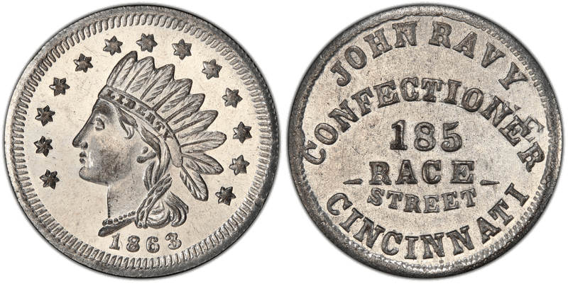 (1863) Zinc Civil War Store Card F-165ER-7i, John Ravy OH