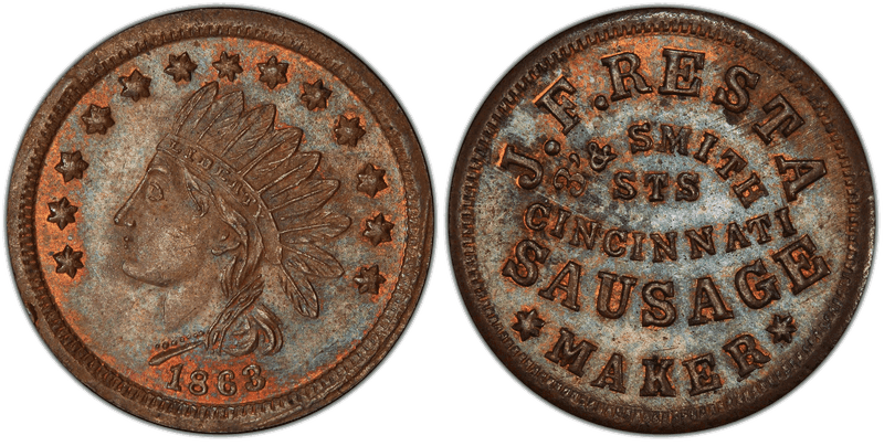 (1863) Copper Civil War Store Card F-165EU-1a, J.F. Resta OH