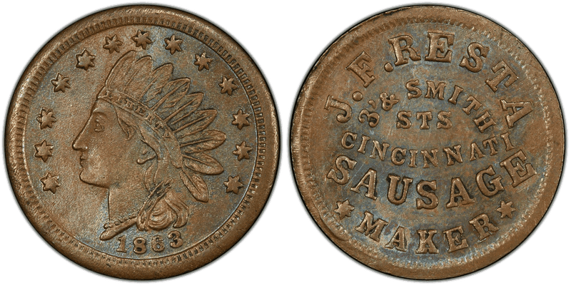(1863) Copper Civil War Store Card F-165EU-4a, J.F. Resta OH