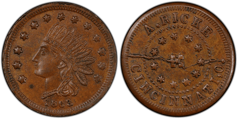 (1863) Copper Civil War Store Card F-165EV-17a, A. Ricke OH