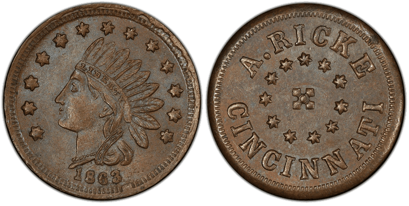 (1863) Copper Civil War Store Card F-165EV-4a, A. Ricke OH