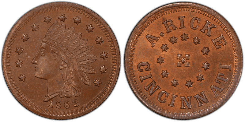 (1863) Copper Civil War Store Card F-165EV-6a, A. Ricke OH