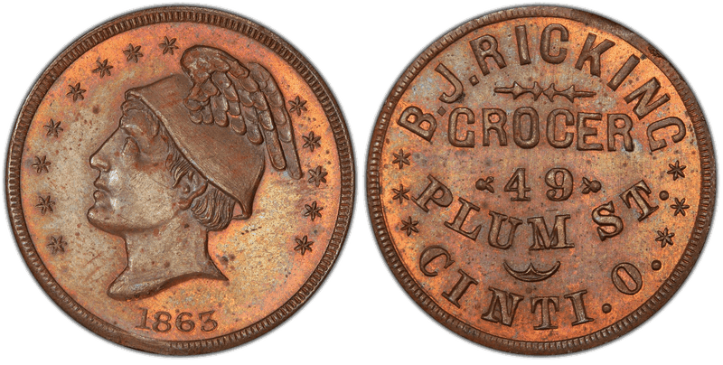 (1863) Copper Civil War Store Card F-165EW-4a, B.J. Ricking OH