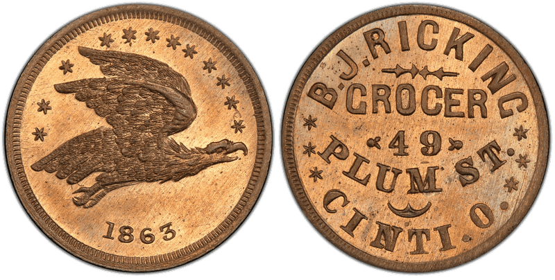 (1863) Copper-Nickel Civil War Store Card F-165EW-5d, B.J. Ricking OH