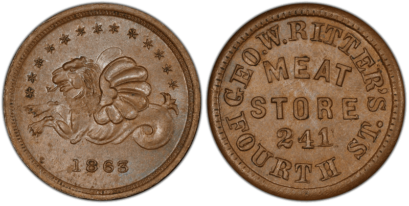 (1863) Copper Civil War Store Card F-165EX-1a, Geo. W. Ritter's OH