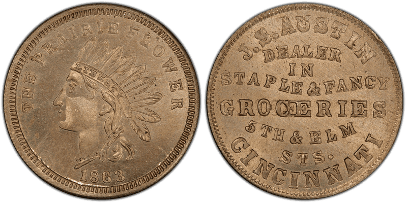 (1863) Copper-Nickel Civil War Store Card F-165F-5d, J.S. Austin OH