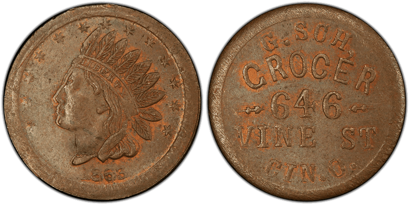 (1863) Copper Civil War Store Card F-165FG-1a, G. Sch, Grocer OH