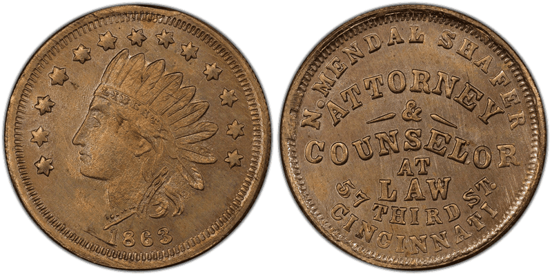(1863) Copper-Nickel Civil War Store Card F-165FN-3d, N. Mendal Shafer OH