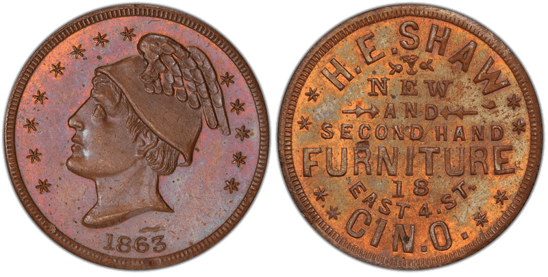 (1863) Copper Civil War Store Card F-165FO-1a, H.E. Shaw OH