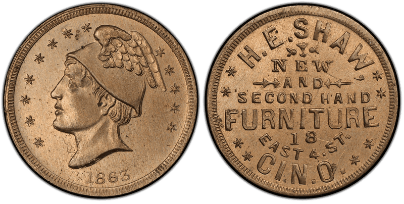 (1863) Copper-Nickel Civil War Store Card F-165FO-1d, H.E. Shaw OH
