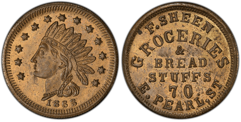(1863) Brass Civil War Store Card F-165FP-11b, F. Sheen OH