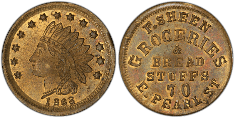 (1863) Brass Civil War Store Card F-165FP-5b, F. Sheen OH