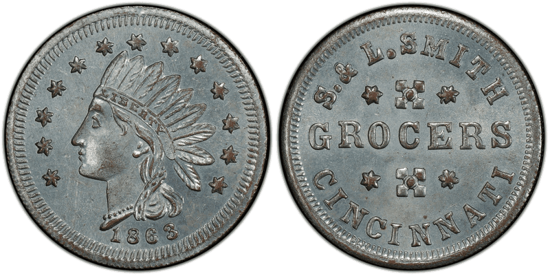 (1863) Zinc Civil War Store Card F-165FT-6i, S. & L. Smith OH
