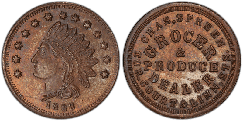 (1863) Copper Civil War Store Card F-165FV-1a, Chas. Spreen OH