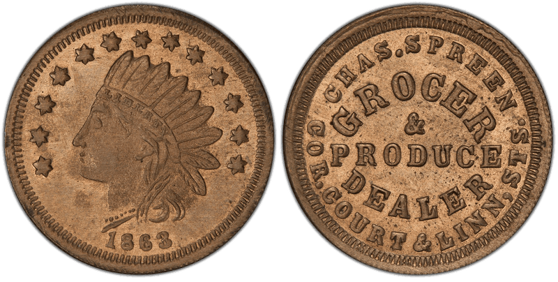 (1863) Copper-Nickel Civil War Store Card F-165FV-9d, Chas. Spreen OH