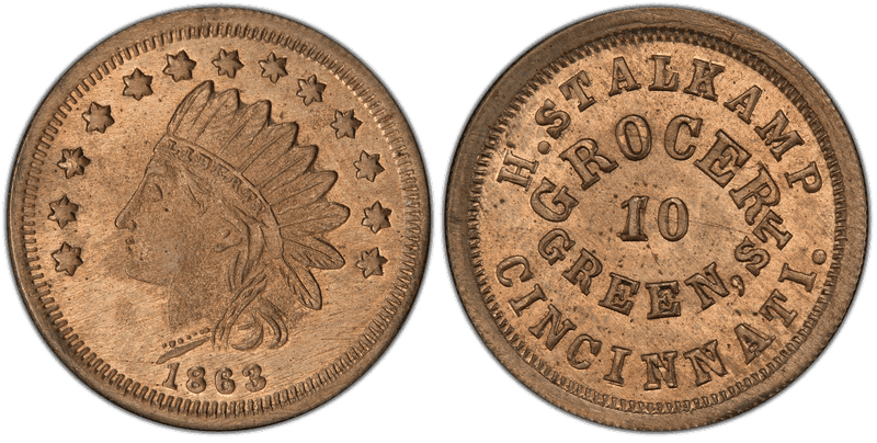 (1863) Copper Civil War Store Card F-165FW-6d, H. Stalkamp OH