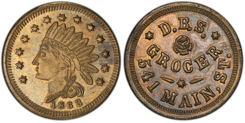 (1863) Brass Civil War Store Card F-165FY-3b, D.B.S. Grocer OH