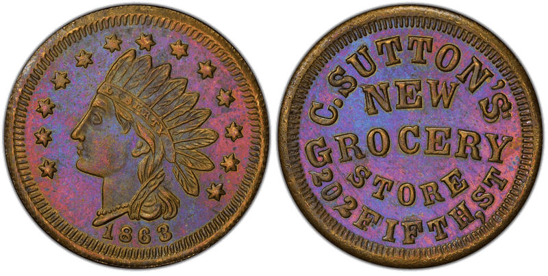 (1863) Copper Civil War Store Card F-165FZ-3a, C. Sutton's OH