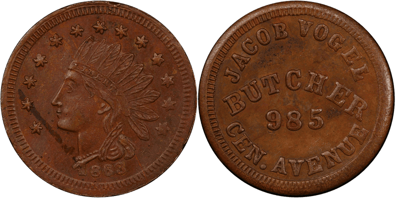 (1863) Copper Civil War Store Card F-165GE-3a, Jacob Vogel OH