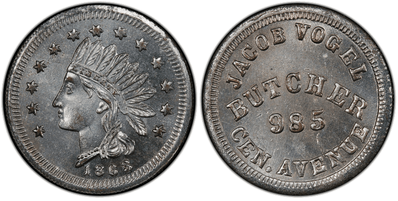 (1863) Zinc Civil War Store Card F-165GE-4I, Jacob Vogel OH