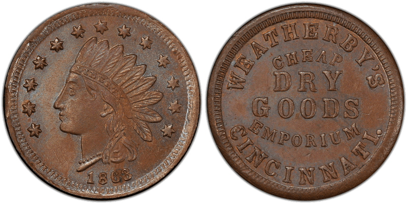 (1863) Copper Civil War Store Card F-165GG-2a, Weatherby's OH
