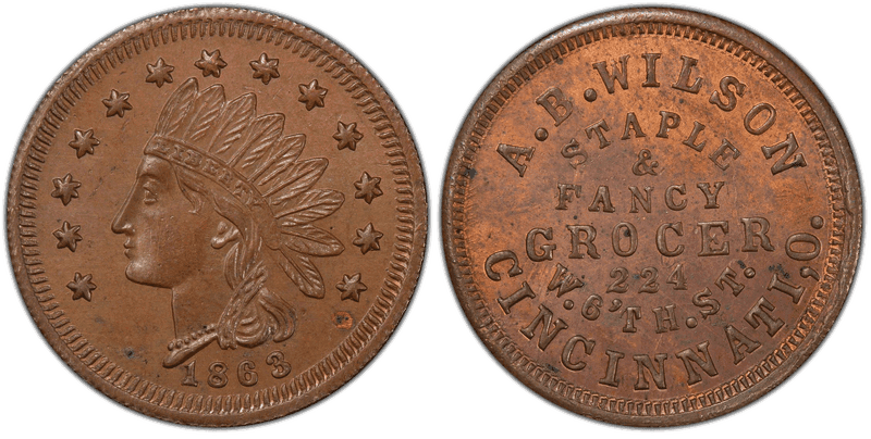 (1863) Copper Civil War Store Card F-165GL-8a, A.B. Wilson OH