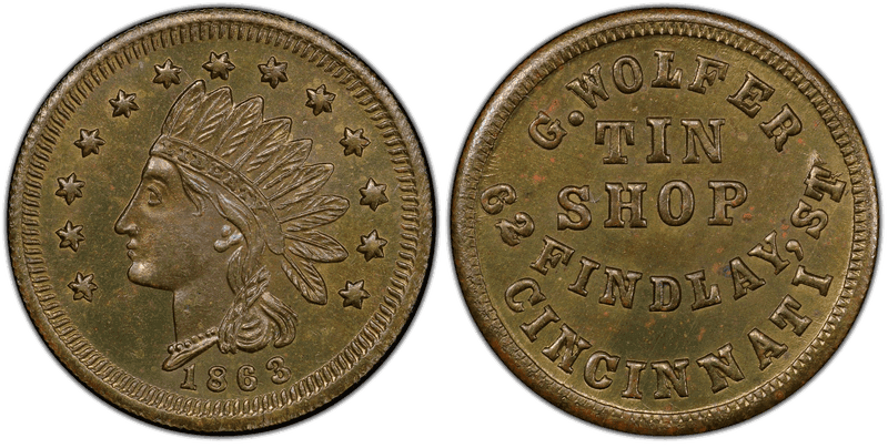 (1863) Brass Civil War Store Card F-165GP-3b, G. Wolfer OH