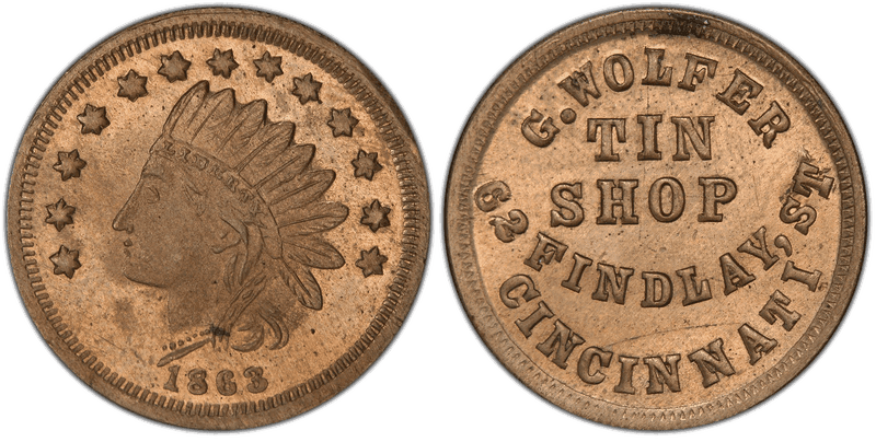 (1863) Copper-Nickel Civil War Store Card F-165GP-6d, G. Wolfer OH