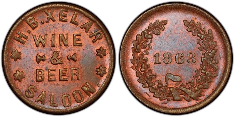 (1863) Copper Civil War Store Card F-165GT-1a, H. B. Xelar OH