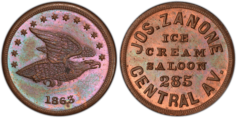(1863) Copper Civil War Store Card F-165GX-2a, Jos. Zanone OH
