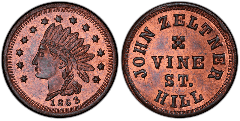 (1863) Copper Civil War Store Card F-165GY-4a, John Zeltner OH