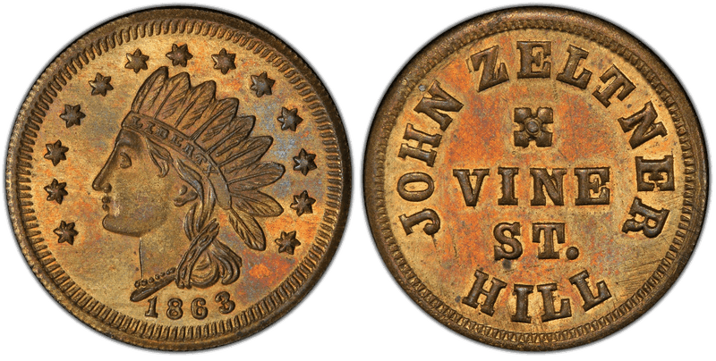 (1863) Brass Civil War Store Card F-165GY-4b, John Zeltner OH