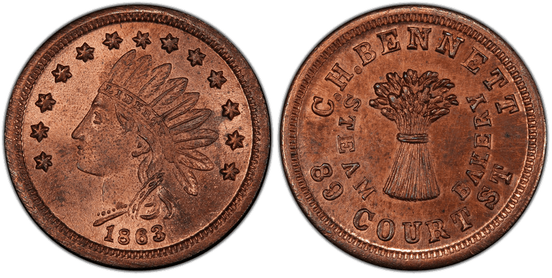 (1863) Copper Civil War Store Card F-165O-12a, C.H. Bennett OH