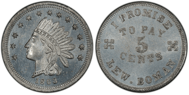 (1863) Zinc Civil War Store Card F-165R-25i, Lew. Boman OH