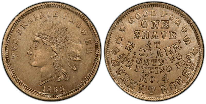 (1863) Copper-Nickel Civil War Store Card F-165Y-6d, C.E. Clark's OH