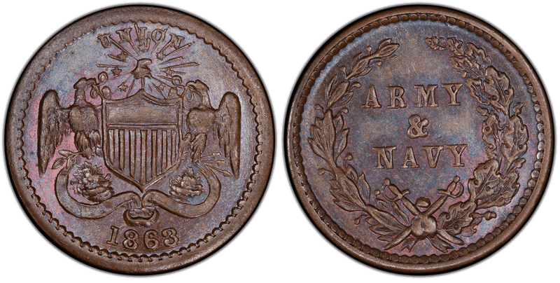 (1863) Copper Civil War Patriotic Token F-167/318a, Union Shield
