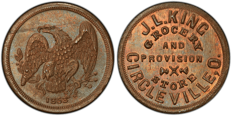 (1863) Copper Civil War Store Card F-168B-7a, J.L. King OH