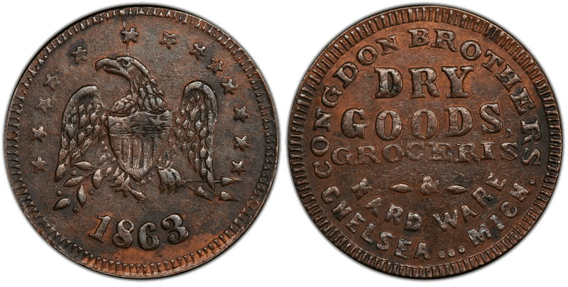 (1863) Copper Civil War Store Card F-175A-1a, Congdon Brothers MI