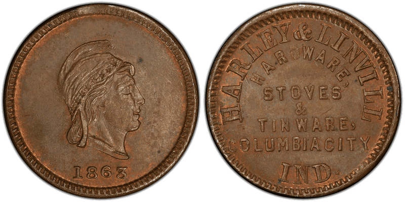 (1863) Copper Civil War Store Card F-175B-1a, Harley & Linvill IN