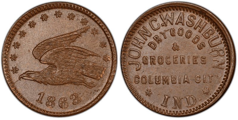 (1863) Copper Civil War Store Card F-175F-1a, John C. Washburn IN